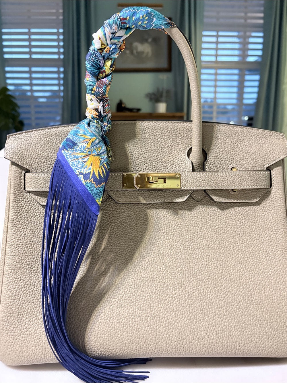 Navy Fringe Zebra Botanical Handbag Wrap Scarf | Luxury Purse Handle Accessory